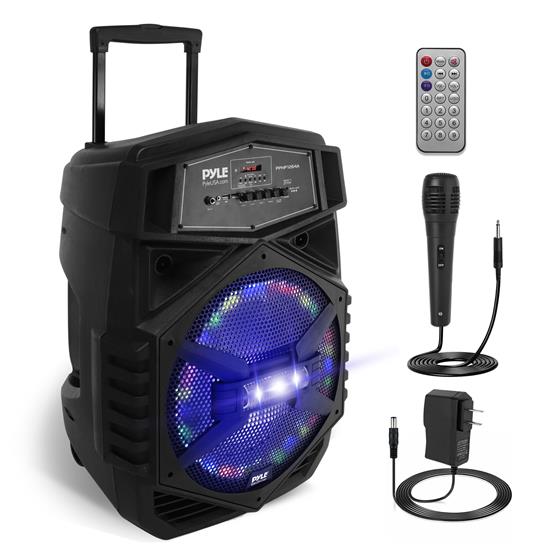 Pyle - PPHP1264A , Sound and Recording , PA Loudspeakers - Cabinet Speakers , 12'' Portable Bluetooth PA Speaker System - Karaoke Speaker with LED Lights, USB/Micro SD/FM/BT/Aux/Remote Control/Mic Inputs, Built-in Rechargeable Battery, w/ Wheels & Handle Bar (1000 Watt)