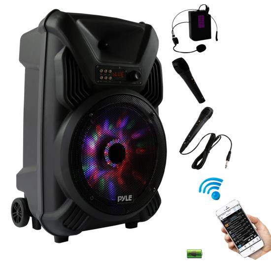 Pyle - AZPPHP126WMU , Sound and Recording , PA Loudspeakers - Cabinet Speakers , Portable PA Speaker & Microphone System, Bluetooth Wireless Streaming, Built-in Rechargeable Battery, Dancing LED Party Lights (Includes Wired & Headset Mics)