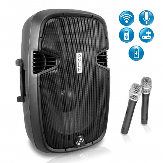 Pyle - PPHP129WMU , Sound and Recording , PA Loudspeakers - Cabinet Speakers , Portable Hi-Power Bluetooth PA Loudspeaker System with Built-in Rechargeable Battery, Includes (2) Wireless Microphones (1000 Watt, 12'' Subwoofer)