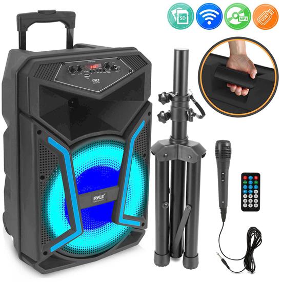 Pyle - PPHP152SM , Sound and Recording , PA Loudspeakers - Cabinet Speakers , Bluetooth PA Speaker & Microphone System - Portable Karaoke Speaker with Wired Mic, Built-in LED Party Lights, FM Radio, MP3/USB/Micro SD Readers, Speaker Stand (15’’ Subwoofer, 1200 Watt MAX)