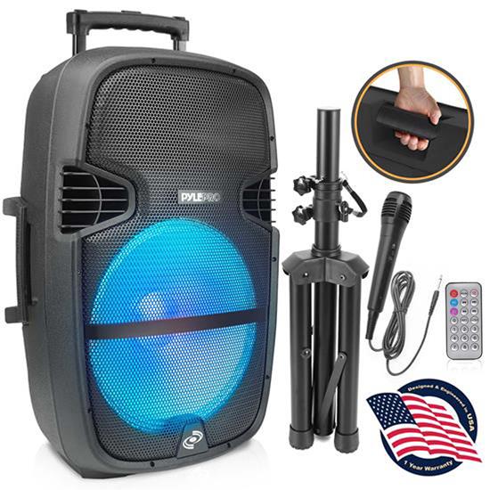 Pyle - PPHP1548B , Sound and Recording , PA Loudspeakers - Cabinet Speakers , 15'' Portable Wireless BT Speaker System - USB/Micro SD Card Reader/FM/Aux/Mic Inputs, With LED Light, Wheel, Handle, Tripod & Remote Control