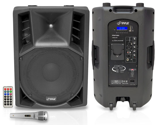 Pyle - PPHP158AI , Sound and Recording , PA Loudspeakers - Cabinet Speakers , 15'' 1400 Watt Portable Powered 2 Way Full Range PA Speaker w/Built-in iPod Dock USB SD and Remote control/ Microphone Included