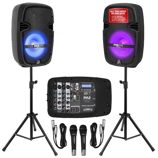 Pyle - PPHP210AMX , Sound and Recording , PA Loudspeakers - Cabinet Speakers , Stage & Studio PA Speaker & DJ Mixer Bundle Kit - (2) 10’’ Bluetooth PA Loud-Speakers with Built-in LED Lights, 8-Ch. Audio Mixer, Speaker Stands, Wired Microphone (600 Watt)
