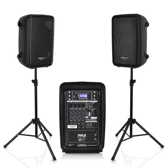 Pyle - PPHP28AMX , Sound and Recording , PA Loudspeakers - Cabinet Speakers , Stage & Studio DJ Speaker & Mixer Bundle Kit - (2) 8’’ Bluetooth PA Loud-Speakers, 8-Ch. Audio Mixer, Speaker Stands, Wired Microphone (300 Watt)
