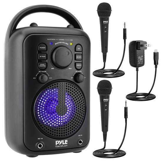 Pyle - PPHP40KAS , Sound and Recording , PA Loudspeakers - Cabinet Speakers , 4” Portable Wireless BT Streaming Speaker - Portable Audio Speaker, With Stand To Put Mobile Phone, Big Bass & Clear Sound, MP3, Classic Karaoke System. Two Microphones (180 Watt MAX)