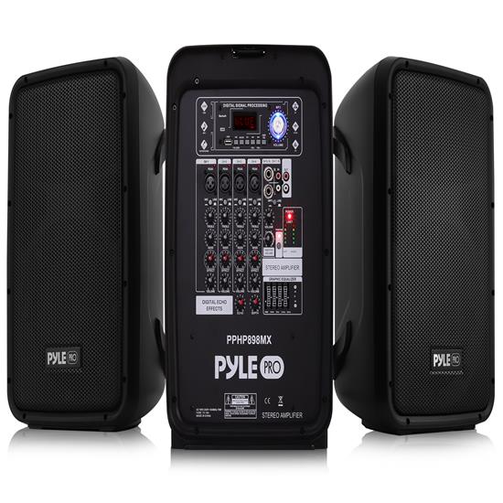 Pyle - PPHP898MX , Sound and Recording , PA Loudspeakers - Cabinet Speakers , Bluetooth PA Speaker & Amplifier Mixer System Kit - Dual Loudspeakers, 8-Ch. Audio Mixer, MP3/USB Reader, +48V Mic Phantom Power