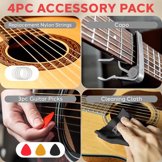 Pyle - PRTPGACLS821010 , Musical Instruments , Classic Guitar Accessory Kit - Nylon Strings, Full Set of Replacement, Silver Capo with 3 pcs. ABS Picks & Cleaning Cloth