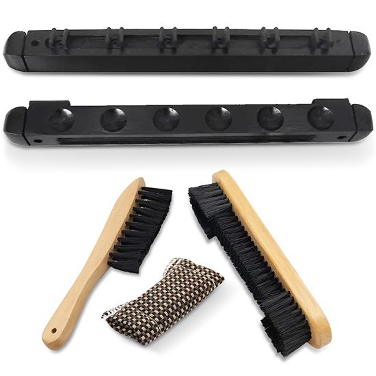 Pyle - PRTSLPLTB1010 , Parts , Pool Table Accessory Kit - Includes 6 Billiard Cue Wall Rack, 9'' Wooden Table and Brush Set with Cue Shaft Cloth Cleaner