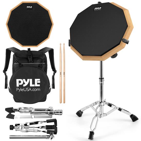 Pyle - PSDPKIT10.5 , Musical Instruments , Drums , Silent Drum Practice Pad - 12 Inch Double-Sided Drum Pad with Adjustable Snare Drum Stand and 1 Pair of Drum Sticks