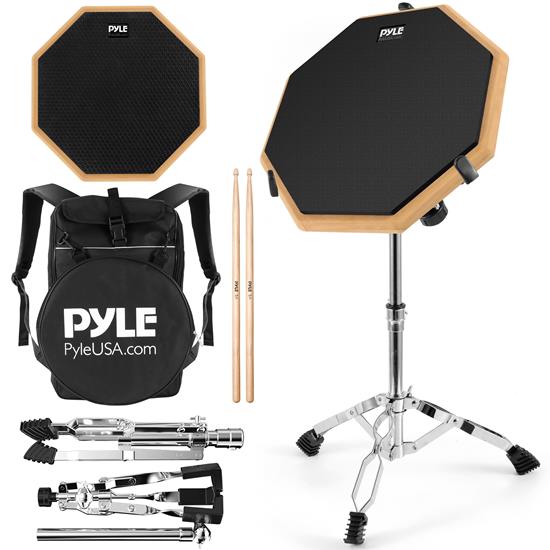 Pyle - PSDPKIT10 , Musical Instruments , Drums , Silent Drum Practice Pad - 12 Inch Double-Sided Drum Pad with Adjustable Snare Drum Stand and 1 Pair of Drum Sticks