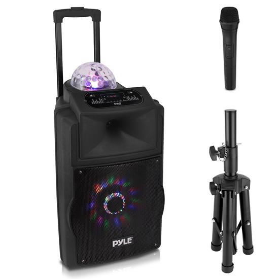 Pyle - PSUFM1280B , Home and Office , PA Loudspeakers - Cabinet Speakers , Portable PA Speaker System Bundle Kit with Built-in LED Lights, Rechargeable Battery, Bluetooth Wireless Streaming, Handheld Microphone, MP3/USB/Micro SD/FM Radio (12’’ -inch, 700 Watt)