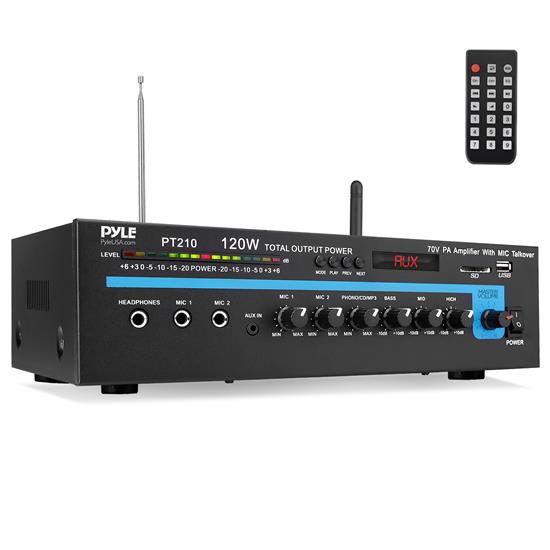 Pyle - PT210 , Sound and Recording , Amplifiers - Receivers , 120 Watt Microphone PA Mono Amplifier w/ USB/SD/FM/Bluetooth - 70V Output & Mic Talkover