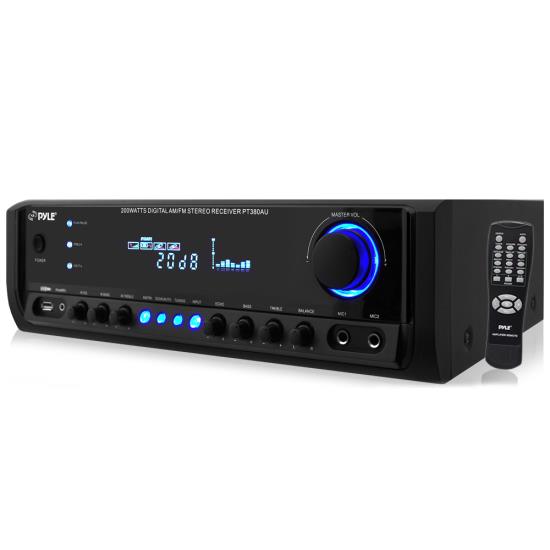 Pyle - PT380AU , Sound and Recording , Amplifiers - Receivers , 200 Watt Digital Home Theater Stereo Receiver, Aux (3.5mm) Input, MP3/USB/AM/FM Radio, (2) Mic Inputs
