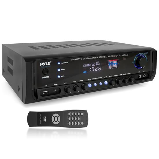 Pyle - PT390AU , Sound and Recording , Amplifiers - Receivers , 300 Watt Digital Home Theater Stereo Receiver, Aux (3.5mm) Input, MP3/USB/AM/FM Radio, (2) Mic Inputs