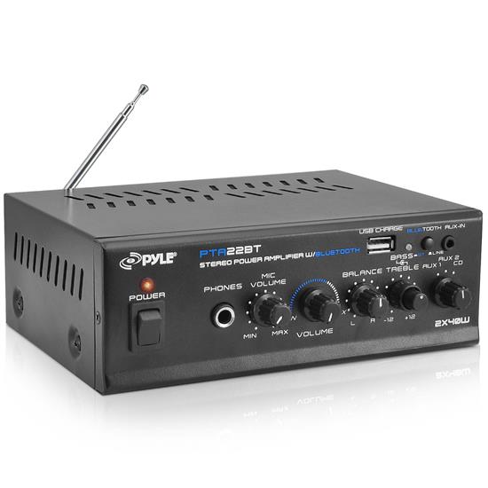 Pyle - PTA22BT , Sound and Recording , Amplifiers - Receivers , Bluetooth Mini Blue Series Audio Amplifier - Compact Desktop Stereo Amplifier Receiver with USB/SD/FM/Bluetooth, Pager & Mixer Karaoke Mode, Mic Input (40 Watt x 2)