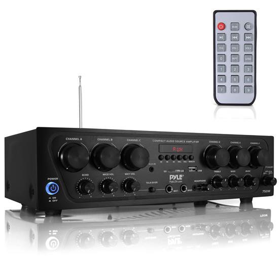 Pyle - pta62bt , Sound and Recording , Amplifiers - Receivers , Wireless BT Streaming Home Audio Amplifier - 6-Ch. Audio Source Stereo Receiver System with FM Radio, MP3/USB/SD/AUX Playback (750 Watt)