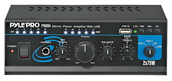 Pyle - PTAU34 , Home and Office , Amplifiers - Receivers , Mini 2x75 Watt Stereo Power Amplifier w/ USB/AUX Inputs