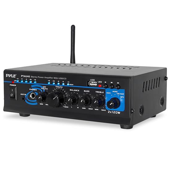 Pyle - PTAU45 , Sound and Recording , Amplifiers - Receivers , Compact Wireless BT Stereo Power Amplifier - Compact Audio Amp with Microphone Input, MP3/USB Reader (2 x 120 Watt)