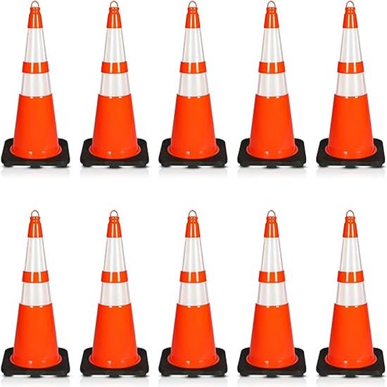 Pyle - PTCN28X10 , On the Road , Safety Barriers , 28" PVC Cone - 10 Pieces High Visibility Structurally Stable for Traffic, Parking, and Construction Safety (Orange)