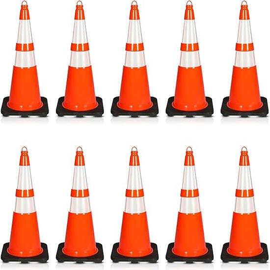 Pyle - PTCN28X10 , On the Road , Safety Barriers , 28" PVC Cone - 10 Pieces High Visibility Structurally Stable for Traffic, Parking, and Construction Safety (Orange)