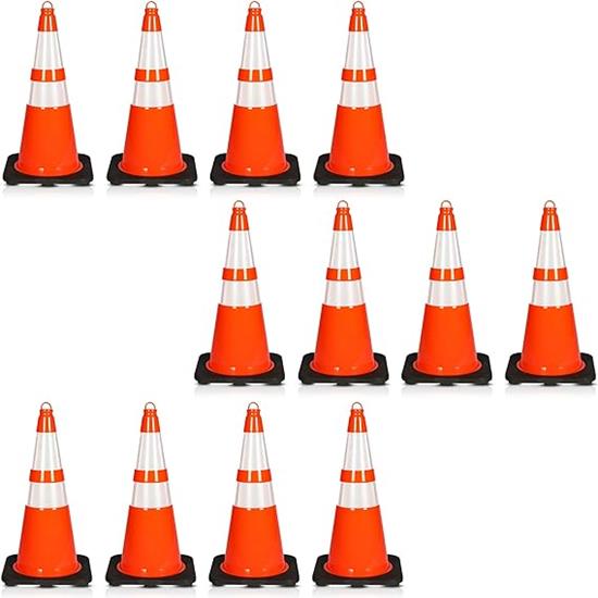 Pyle - PTCN28X12 , On the Road , Safety Barriers , 28" PVC Cone - 12 Pieces High Visibility Structurally Stable for Traffic, Parking, and Construction Safety (Orange)
