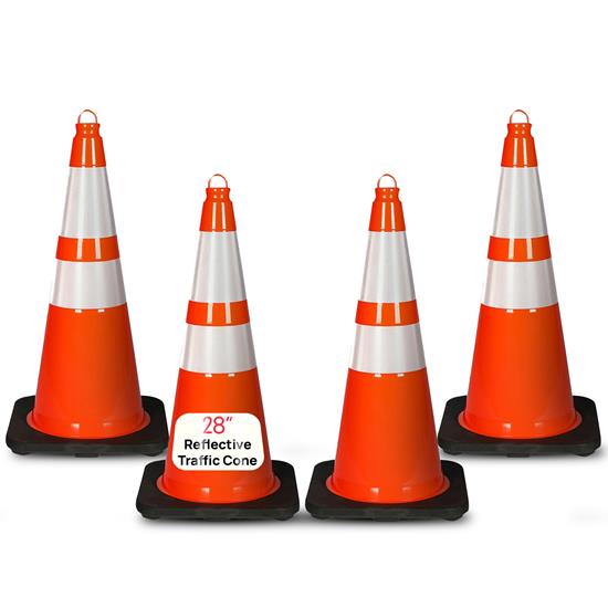 Pyle - PTCN28X4.5 , On the Road , Safety Barriers , 28" PVC Cone - 4 Pieces High Visibility Structurally Stable for Traffic, Parking, and Construction Safety (Orange)