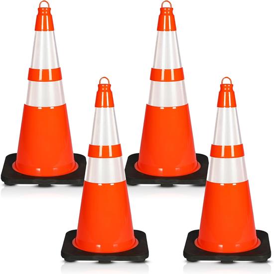 Pyle - PTCN28X4 , On the Road , Safety Barriers , 28" PVC Cone - 4 Pieces High Visibility Structurally Stable for Traffic, Parking, and Construction Safety (Orange)