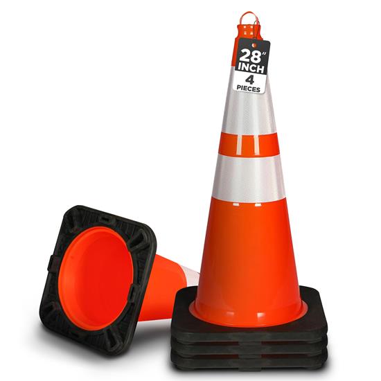 Pyle - PTCN28X4 , On the Road , Safety Barriers , 28" PVC Cone - 4 Pieces High Visibility Structurally Stable for Traffic, Parking, and Construction Safety (Orange)