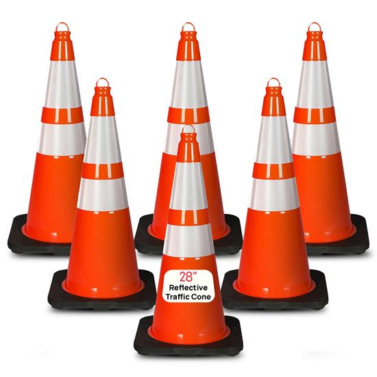 Pyle - PTCN28X6.5 , On the Road , Safety Barriers , 28" PVC Cone - 6 Pieces High Visibility Structurally Stable for Traffic, Parking, and Construction Safety (Orange)