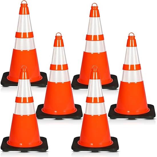 Pyle - PTCN28X6 , On the Road , Safety Barriers , 28" PVC Cone - 6 Pieces High Visibility Structurally Stable for Traffic, Parking, and Construction Safety (Orange)
