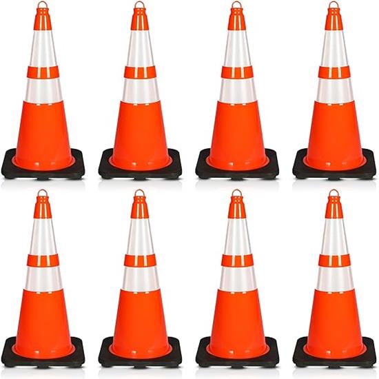 Pyle - PTCN28X8 , On the Road , Safety Barriers , 28" PVC Cone - 8 Pieces High Visibility Structurally Stable for Traffic, Parking, and Construction Safety (Orange)