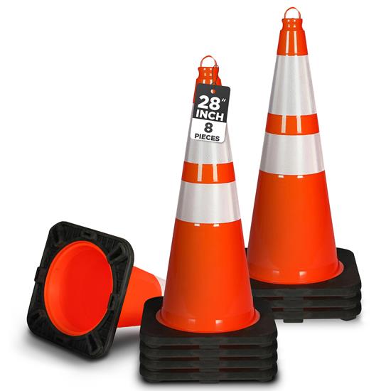 Pyle - PTCN28X8 , On the Road , Safety Barriers , 28" PVC Cone - 8 Pieces High Visibility Structurally Stable for Traffic, Parking, and Construction Safety (Orange)