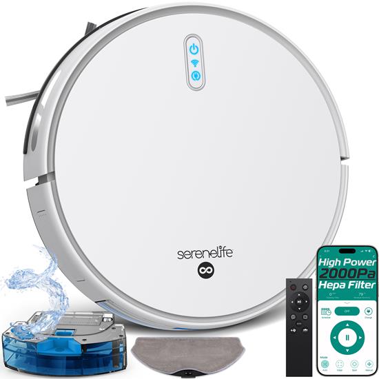 Pyle - PUCRVACX200WT , Home and Office , Robot Vacuum Cleaners , Smart Vacuum Cleaner - Automatic Robot Cleaning Vacuum with 2-in1 Water Tank, App Control, Fan Motor 2000Pa, and 4 Cleaning Modes, Ideal for Hard Floor, Pet Hair, Low-Pile Carpet (White)