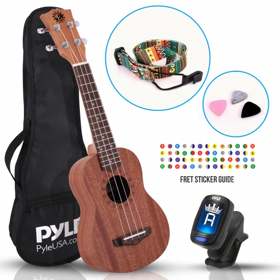 Pyle - PUKT4580.5 , Misc , 21'' Inch Wooden Soprano Ukulele Kit - Traditional 4-String Ukulele with Handy Digital Tuner, Strap, Finger Guide, 3 Spare Picks & Gig Bag