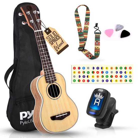 Pyle - PUKT6580 , Misc , 21'' Inch Wooden Soprano Ukulele Kit - Traditional 4-String Ukulele with Handy Digital Tuner, Strap, Finger Guide, 3 Spare Picks & Gig Bag