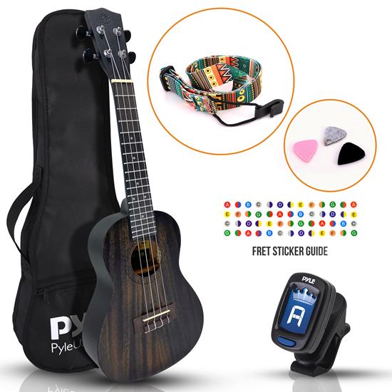 Pyle - PUKT8880 , Musical Instruments , 23'' Inch Wooden Concert Ukulele Kit - Traditional 4-String Ukulele with Handy Digital Tuner, Strap, Finger Guide, 3 Spare Picks & Gig Bag