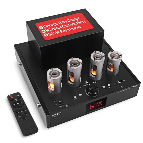Pyle - PVTA80.5 , Sound and Recording , Amplifiers - Receivers , Bluetooth Tube Amplifier Stereo Receiver - 4 Vacuum Tube Power Amp, Built-in USB Playback, LED Display, Multimedia Disc Inputs(L/R), Subwoofer Output, 500 Watts