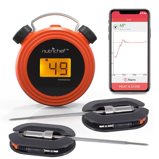 Pyle - PWIRBBQ60 , Kitchen & Cooking , BBQ & Grilling , Smart Bluetooth BBQ Grill Thermometer - Digital Display, Stainless Dual Probes Safe to Leave in Outdoor Barbecue Meat Smoker - Wireless Remote Alert iOS Android Phone - NutriChef PWIRBBQ60