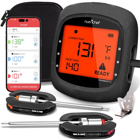 Pyle - PWIRBBQKT12 , Kitchen & Cooking , BBQ & Grilling , Bluetooth Wireless BBQ Digital Thermometer - Includes 2 Temperature Probes and Travel Case with Digital LCD Display Screen