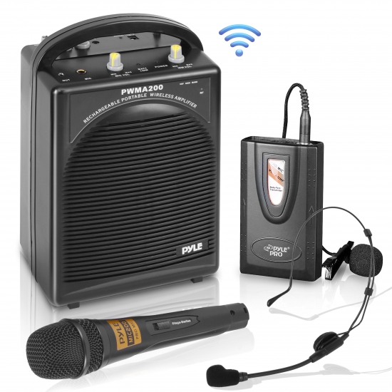 Pyle - PWMA200 , Sound and Recording , PA Loudspeakers - Cabinet Speakers , Portable PA Speaker & Microphone System Kit | FM Stereo Radio (Includes Beltpack, Handheld, Headset & Lavalier Mics)