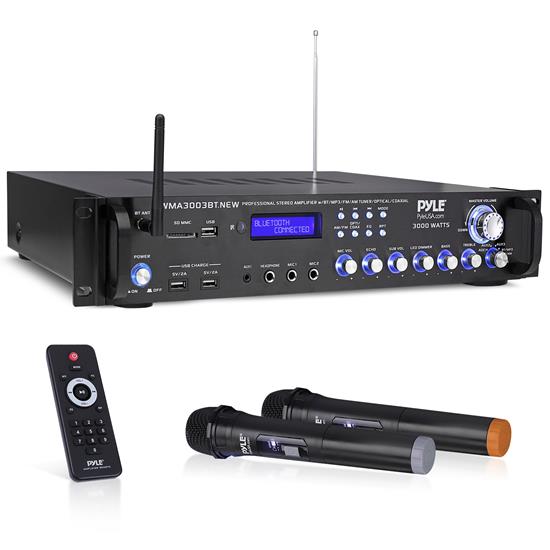 Pyle - PWMA3003BT.NEW , Sound and Recording , Amplifiers - Receivers , Bluetooth Hybrid Amplifier Receiver - Pro Audio Multi-Channel Stereo Pre-Amplifier System with (2) VHF Wireless Microphones & Digital Optical/Coax, MP3/USB/SD Readers, FM/AM Radio, Rack Mount (3000 Watt)