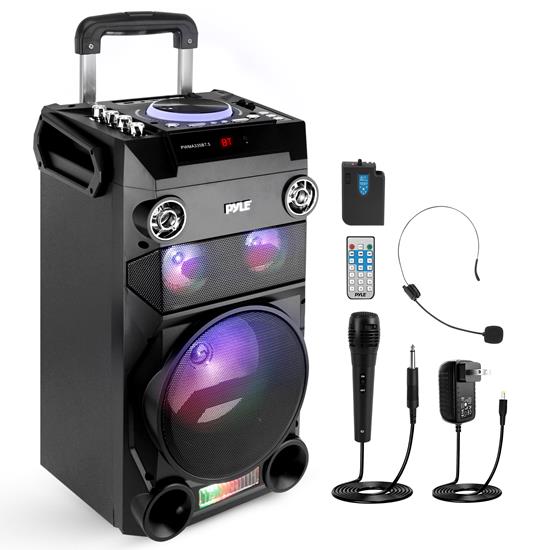 Pyle - PWMA335BT , Sound and Recording , PA Loudspeakers - Cabinet Speakers , Portable Bluetooth Karaoke Speaker System - PA Loudspeaker with Flashing DJ Lights, Built-in Rechargeable Battery, FM Radio, MP3/USB/Micro SD