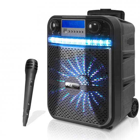 Pyle - PWMA337BT , Sound and Recording , PA Loudspeakers - Cabinet Speakers , Portable Bluetooth Karaoke Speaker System - Digital PA Loudspeaker with Downloadable App, Flashing DJ Lights, Rechargeable Battery, Wired Microphone, FM Radio