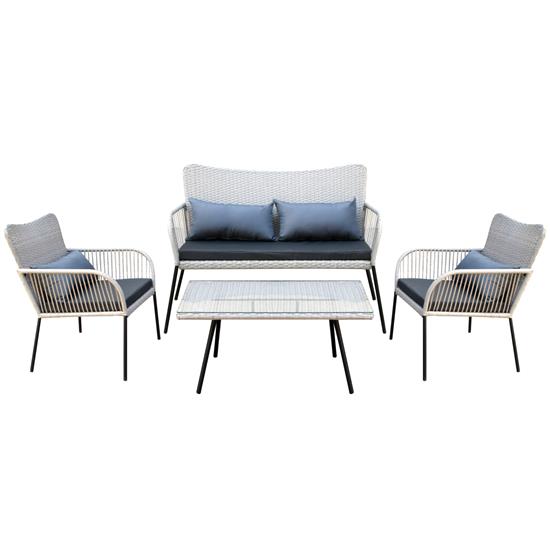 Pyle - SL4PCGR51 , Sports and Outdoors , 4 Pcs. Patio Outdoor Rattan Furniture Set - Includes 1 Double Chair & 2 Single Chairs with Soft Cushion, and 1 Glass-top Coffee Table (Light Gray)