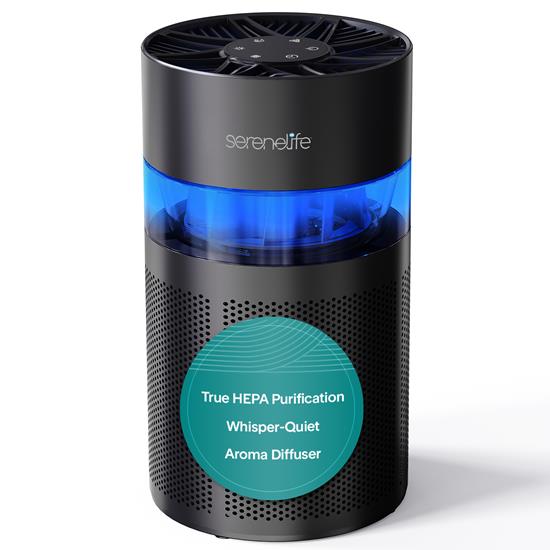 Pyle - SLARP280BK , Home and Office , Therapeutic , SereneLife High-Performance Air Purifier with Built-in Aroma Box, On/Off Ambient Light & Digital Display – Quiet Operation, 2 Fan Speeds, Timer, and HEPA 13 Filter  (Black)