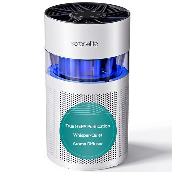 Pyle - SLARP280WT , Home and Office , Therapeutic , SereneLife High-Performance Air Purifier with Built-in Aroma Box, On/Off Ambient Light & Digital Display – Quiet Operation, 2 Fan Speeds, Timer, and HEPA 13 Filter  (White)