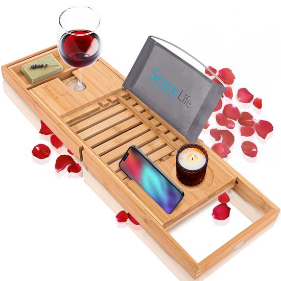 Pyle - SLBCAD20.3 , Home and Office , Therapeutic , SereneLife Luxury Bamboo Bathtub Caddy Tray - Adjustable Natural Wood Bath Tub Organizer with Wine Holder, Cup Placement, Soap Dish, Book Space & Phone Slot for Spa, Bathroom & Shower - SLBCAD20