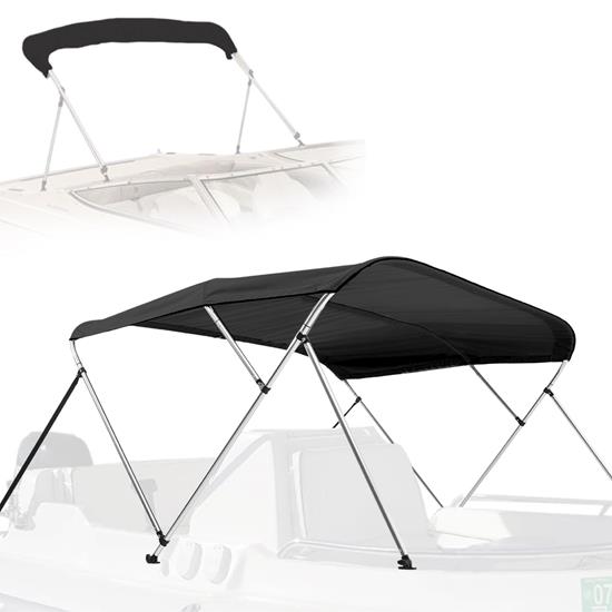 Pyle - SLBTW90G.5 , Marine and Waterproof , Protective Storage Covers , On the Road , Protective Storage Covers , 3 Bow Bimini Top Boat Cover - 2 Straps for Front, 2 Support Poles for Rear, Includes Mounting Hardware with  1" Double-Walled Aluminum Frame Tubes (Gray)