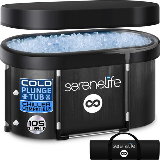 Pyle - SLCPTBOV120 , Health and Fitness , Freestanding Bathtub , 105 Gal. Inflatable Insulated Freestanding Cold Plunge Tub - Three-Layer Pool Wall Ice Bath Tub with Cover, Cold Plunge Therapy Recovery Pod for Athletes, Oversized and Spacious Design, For One Person Only (Black)