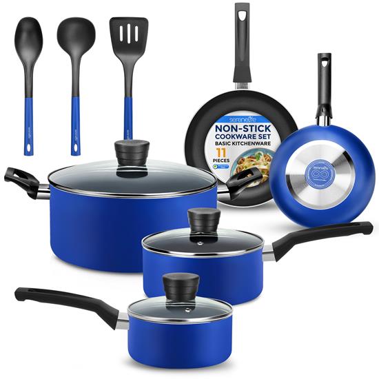 Pyle - SLCW11BLU , Kitchen & Cooking , Cookware & Bakeware , Kitchenware Pots & Pans Set – Basic Kitchen Cookware, Black Non-Stick Coating Inside, Heat Resistant Lacquer (11-Piece Set)